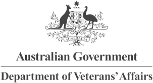 Australian Government Department of Veterans' Affairs logo featuring a shield, kangaroos, and decorative elements.