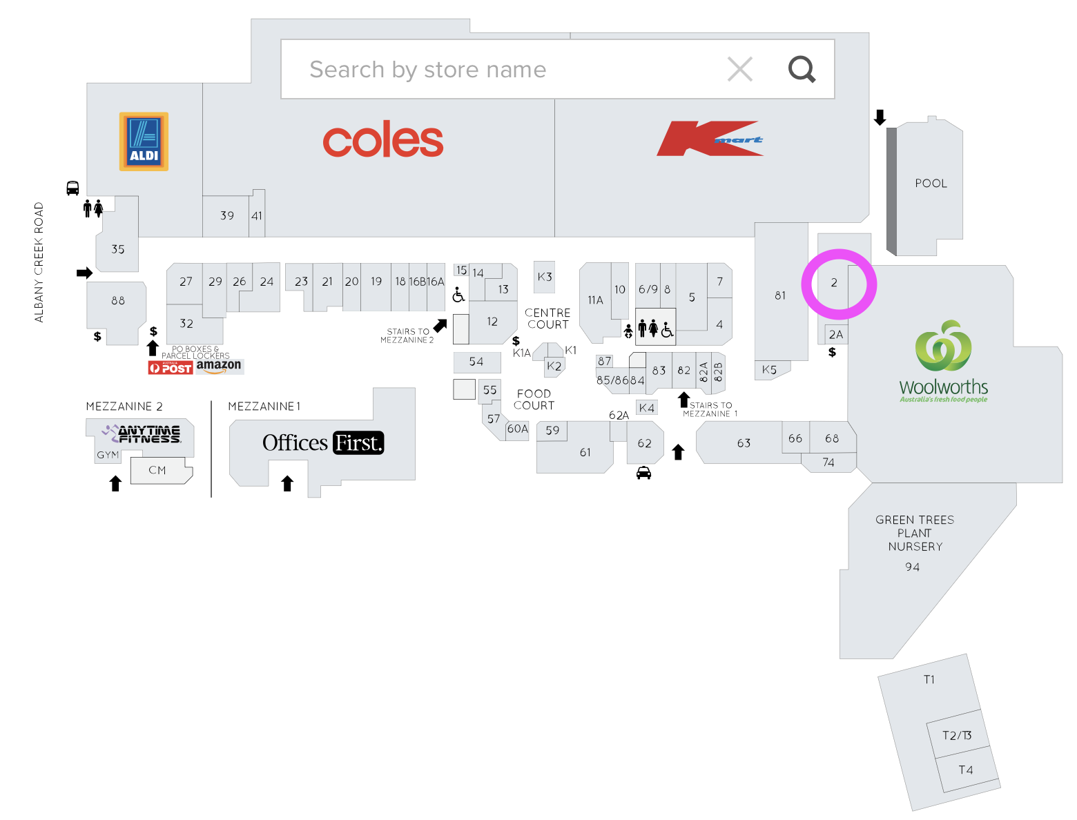 A detailed map of Aspley Hypermarket shopping centre stores and amenities, including Aldi, Woolworths, Coles, Kmart, and various food courts, with labels for stairs, toilets, parcel lockers, and offices.