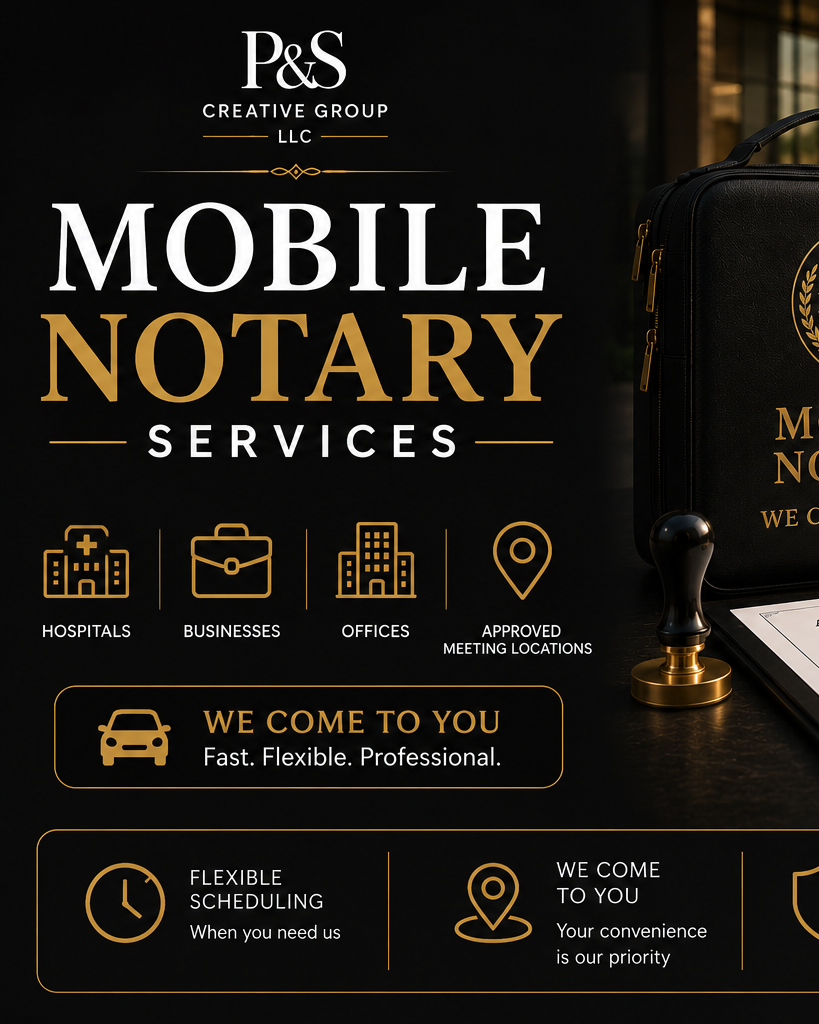 Advertisement for a mobile notary service by P&S Creative Group LLC, highlighting services for hospitals, businesses, and offices with approved meeting locations, emphasizing flexibility, professionalism, and convenience.