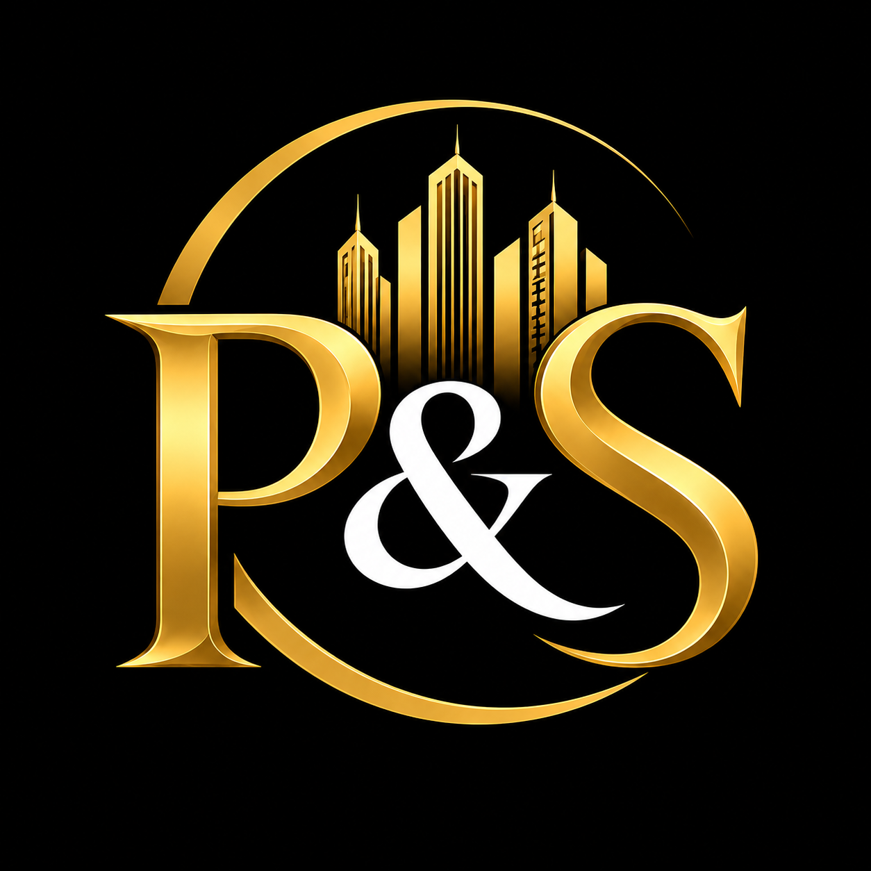 Gold and white P&S logo with a city skyline and a half moon in the background on a black background.