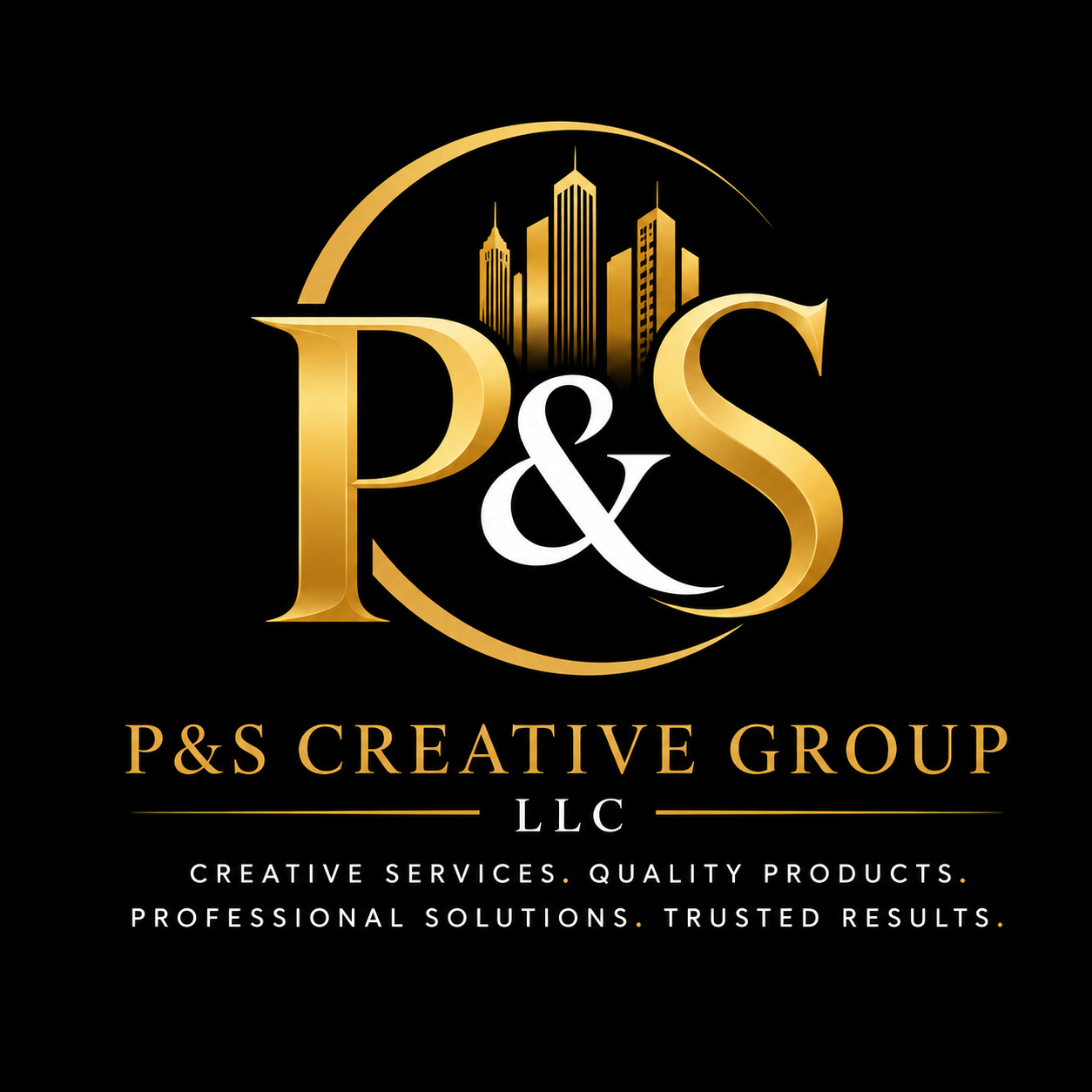 Logo for P&S Creative Group LLC featuring gold skyscrapers and text on a black background with company description.