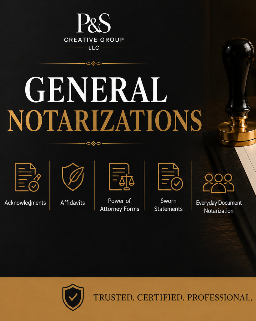 Poster advertising P&S Creative Group LLC's general notary services, including acknowledgments, affidavits, power of attorney forms, sworn statements, and everyday document notarization, with a black and gold color scheme, a seal stamp, and icons representing each service.