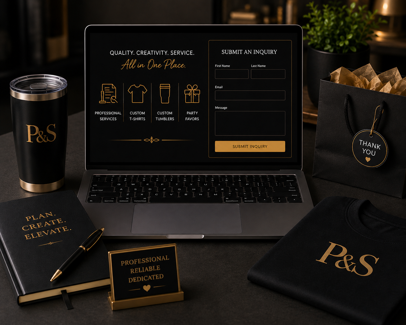 A desk setup with a laptop displaying a website for a business offering professional services, custom T-shirts, tumblers, and party favors, surrounded by a branded black travel mug, a black notebook with the slogan "Plan. Create. Elevate," a black folder, a gold-trimmed black bag with gold tissue paper and a "Thank You" tag, organized and decorated in black and gold.