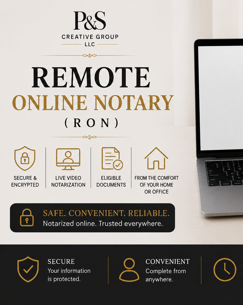 Flyer advertising P&S Creative Group LLC's remote online notary services, emphasizing secure, live video notarization, eligible documents, and convenience from home or office, with icons for security, video, documents, and home.
