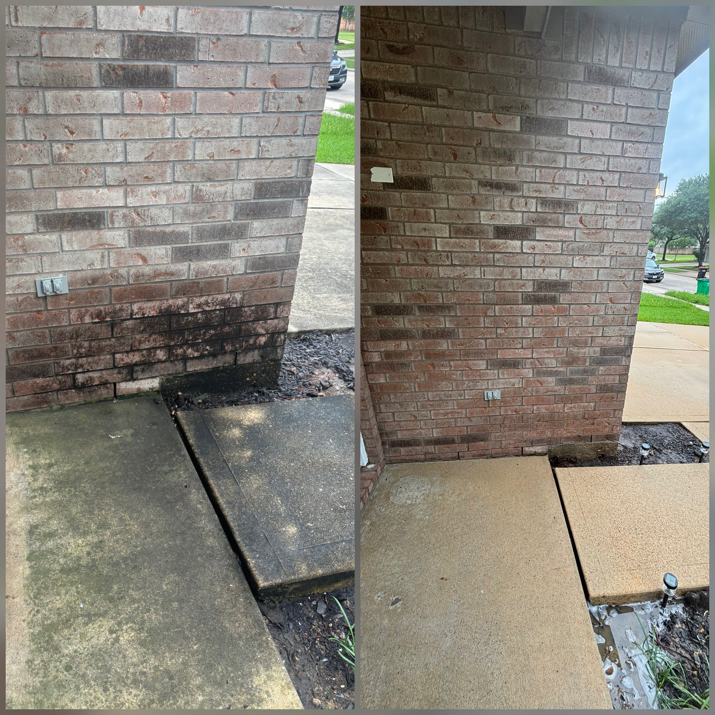 Comparison of a brick exterior wall before and after cleaning, showing a dirtier wall on the left and a cleaner wall on the right with a cleaned surface and exposed mortar joints.