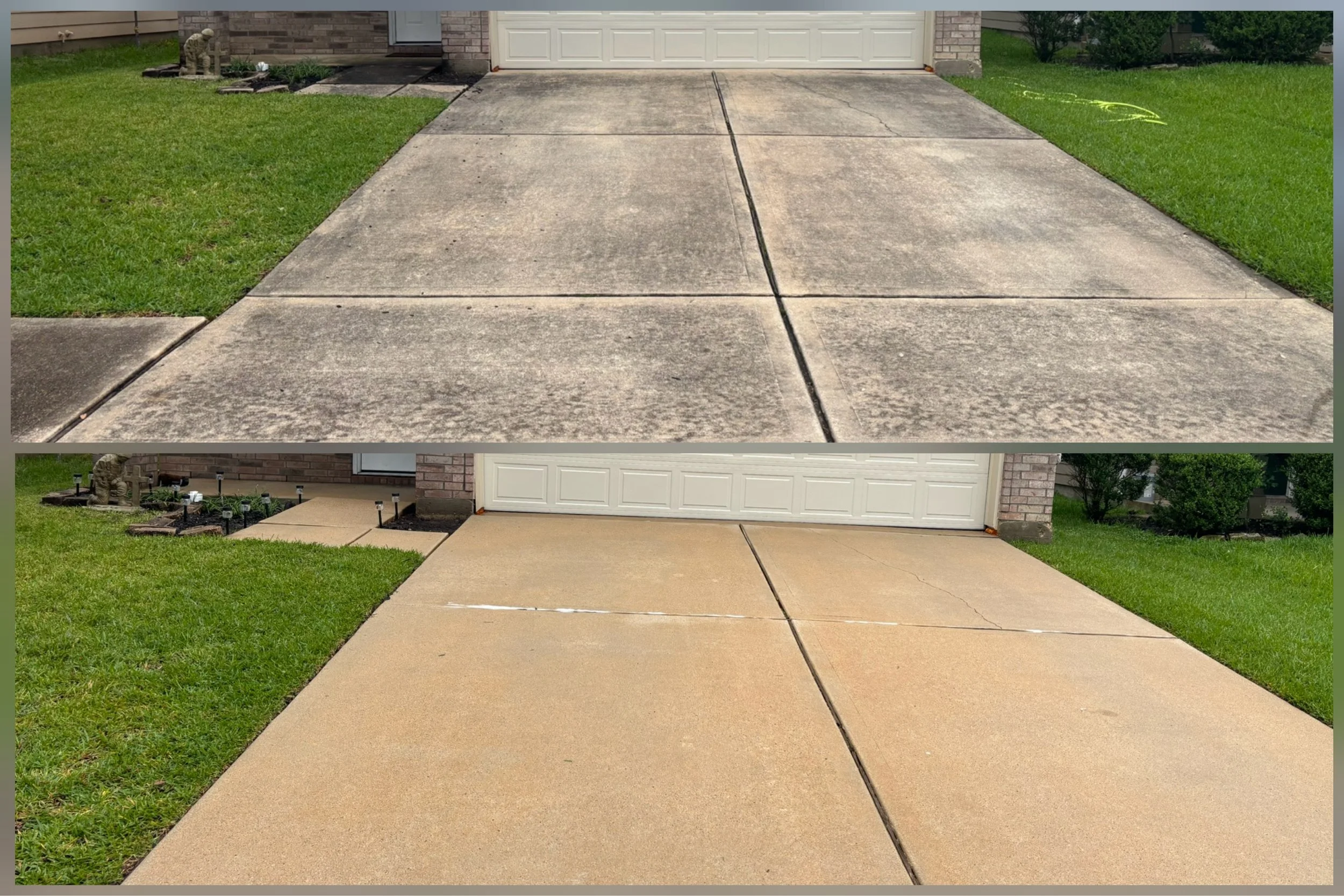 Before and after concrete driveway proffesional pressure washing in Richmond, TX, removing dirt, algae, and black staining.