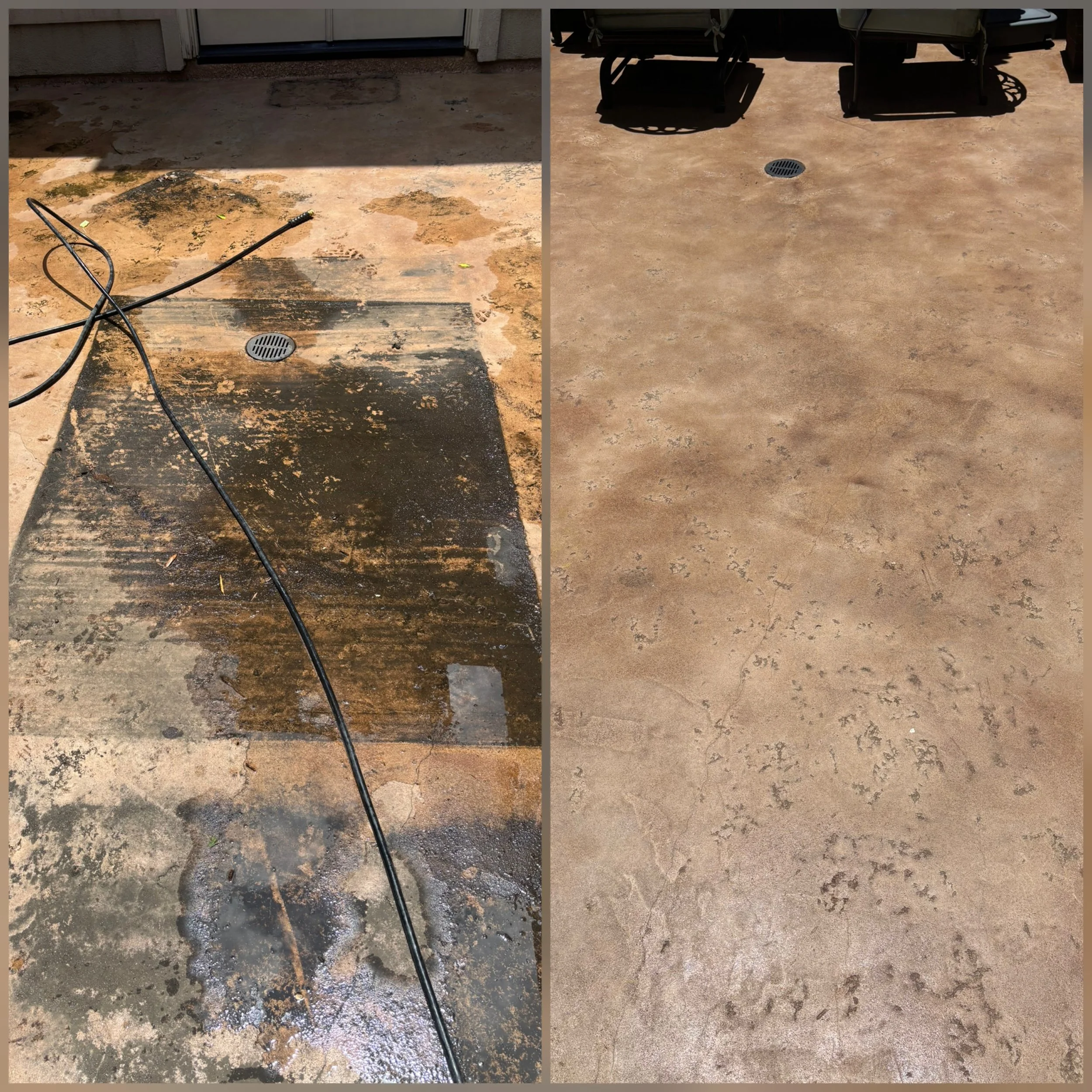 Before and after photos of a patio cleaning