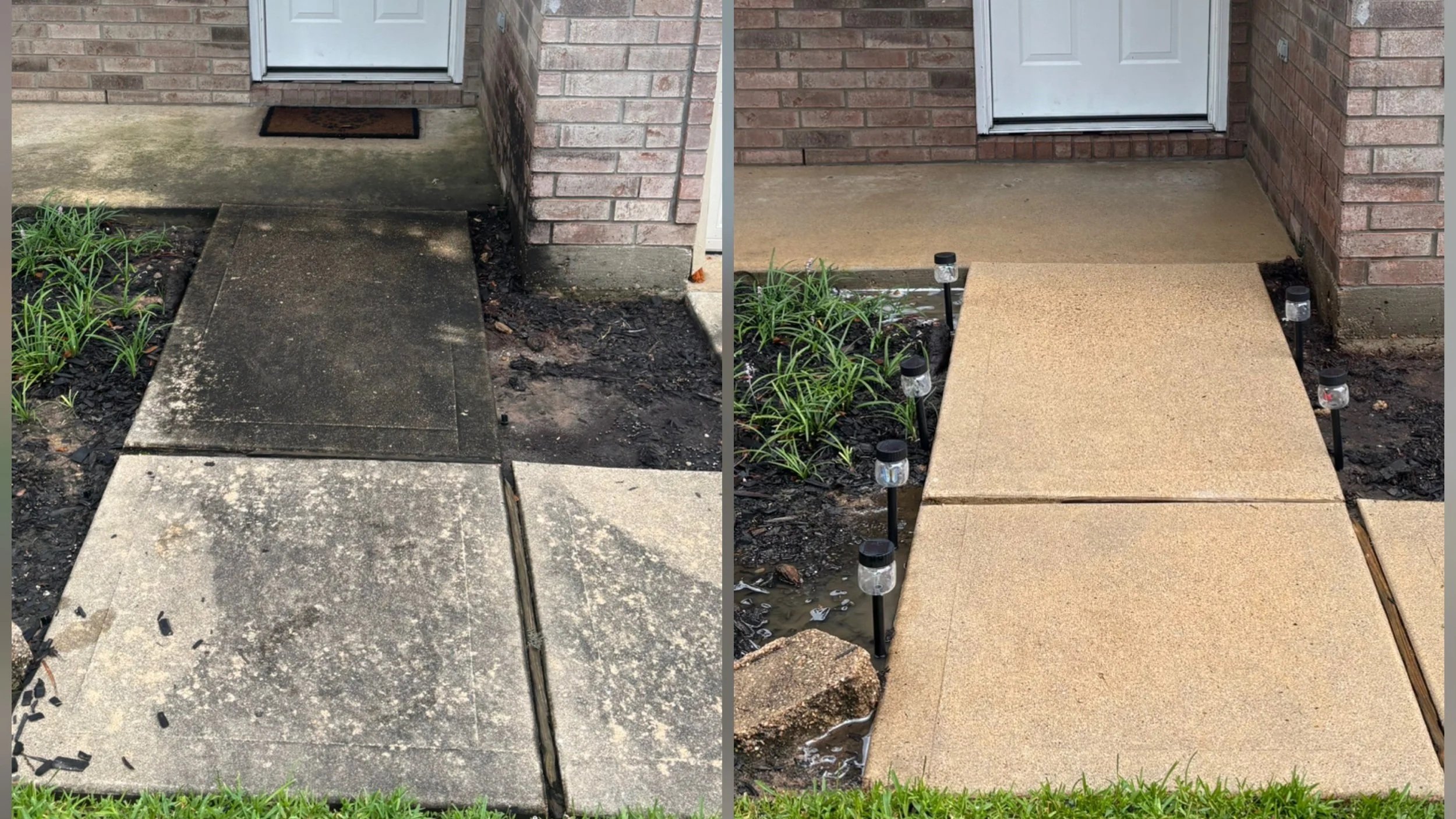 Comparison photo of a front porch before and after renovation: left side shows an old, worn concrete porch with weathered surface and dark staining, while right side shows a new light-colored, smooth concrete porch with decorative landscape lighting and small plants.