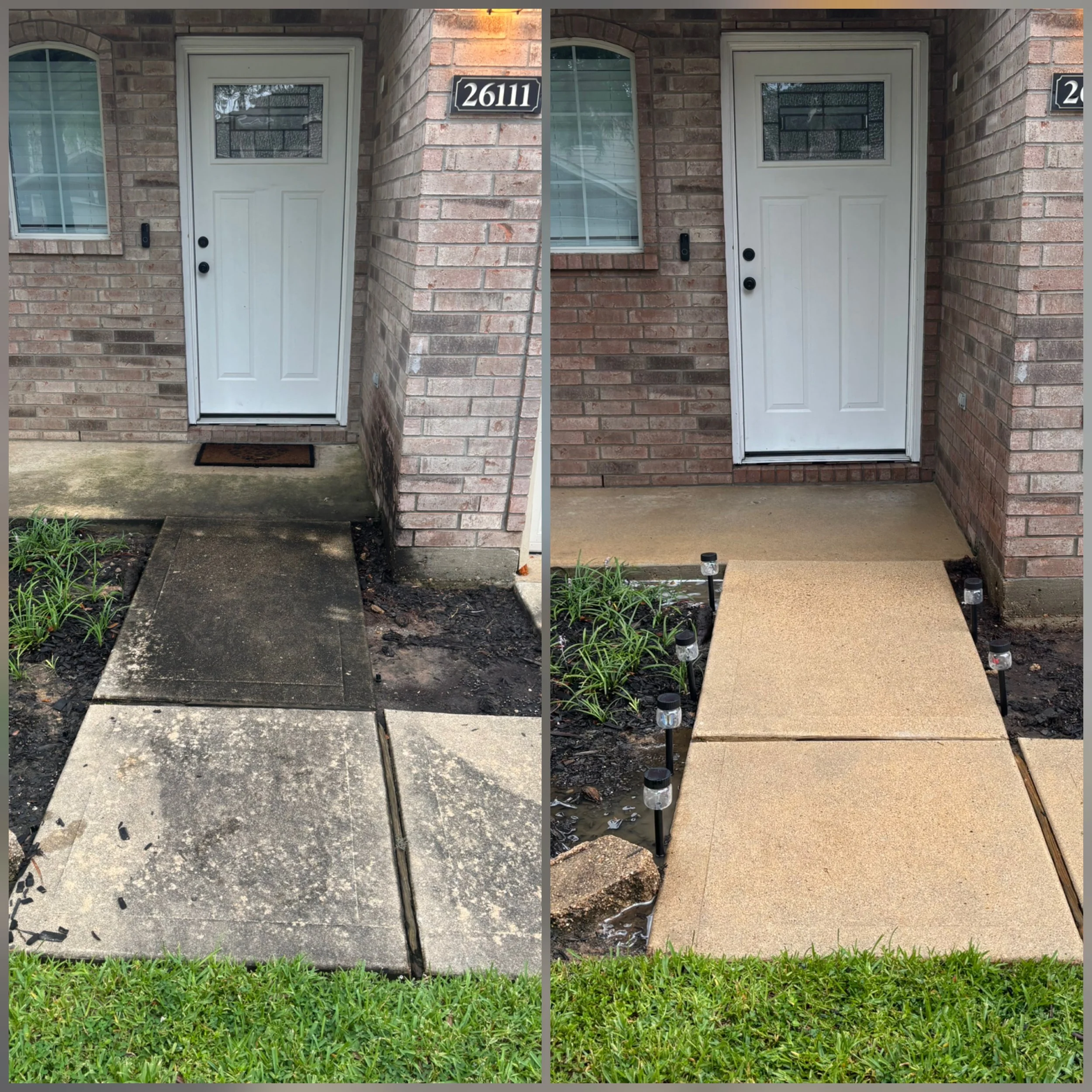 Comparison of front porch before and after cleaning: left side shows a dirty concrete porch with dark stains, while the right side shows a clean, light-colored porch surface. The setting includes a brick house exterior, a black house number sign '26111', and garden lights along the edge of the porch.