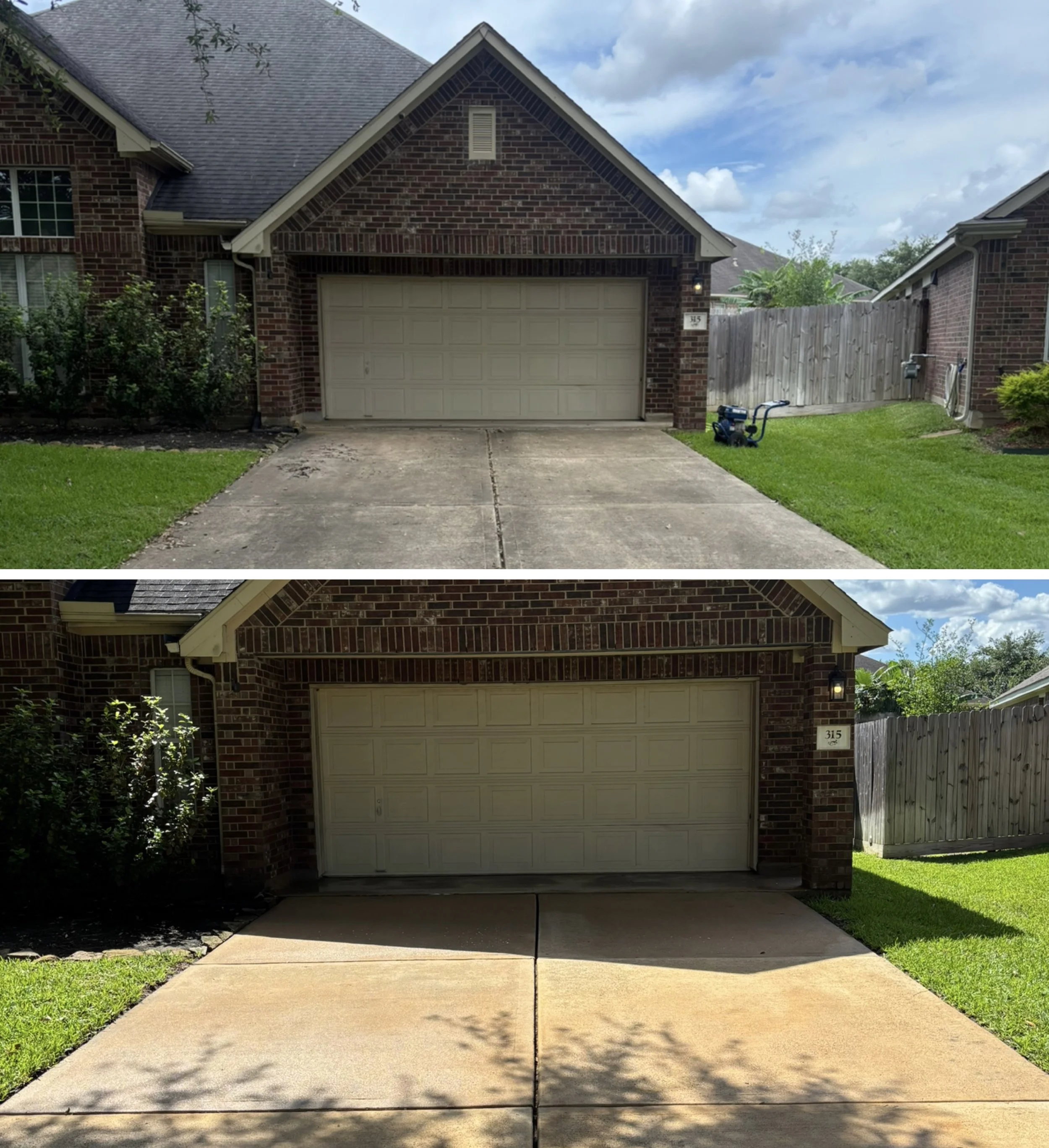 Front view of a brick house with a closed beige garage door, concrete driveway, green lawn, and a wooden fence on the right side. The house has a gabled roof with gray shingles, and a small porch light near the address plaque. The sky is partly cloudy.