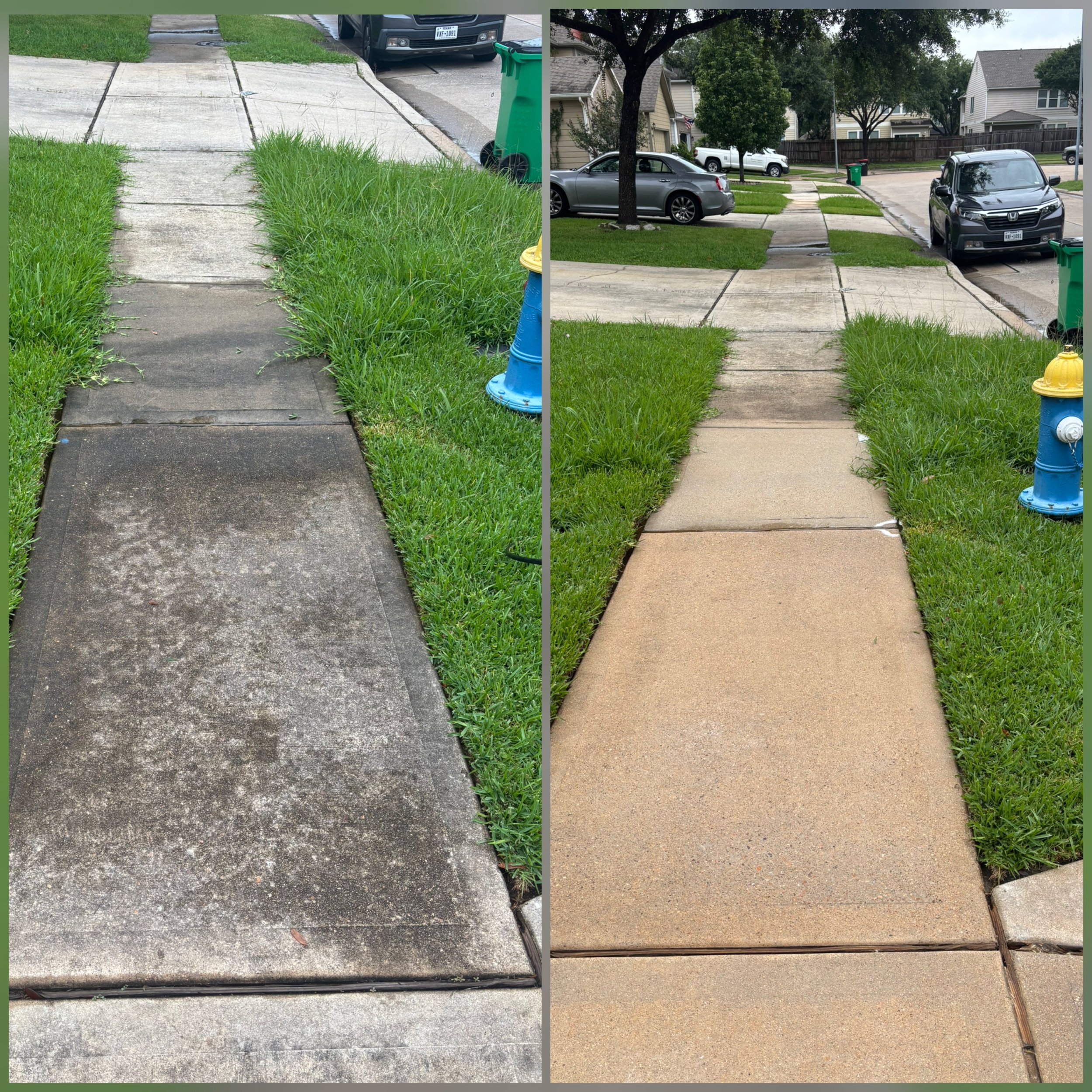 Comparison of a sidewalk before and after cleaning or renovation. The left side shows an old, stained, and dirty sidewalk, while the right side shows a clean, new-looking sidewalk. Grass and street elements are visible in both images.