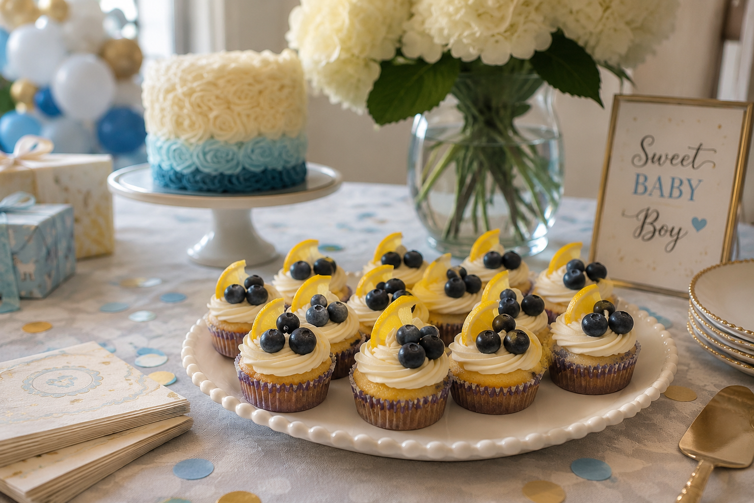 Plate of lemon cupcakes topped with blueberries and lemon slices, with a backdrop of a white and blue cake, a vase of white flowers, and a sign that reads 'Sweet Baby Boy' at a baby shower celebration.