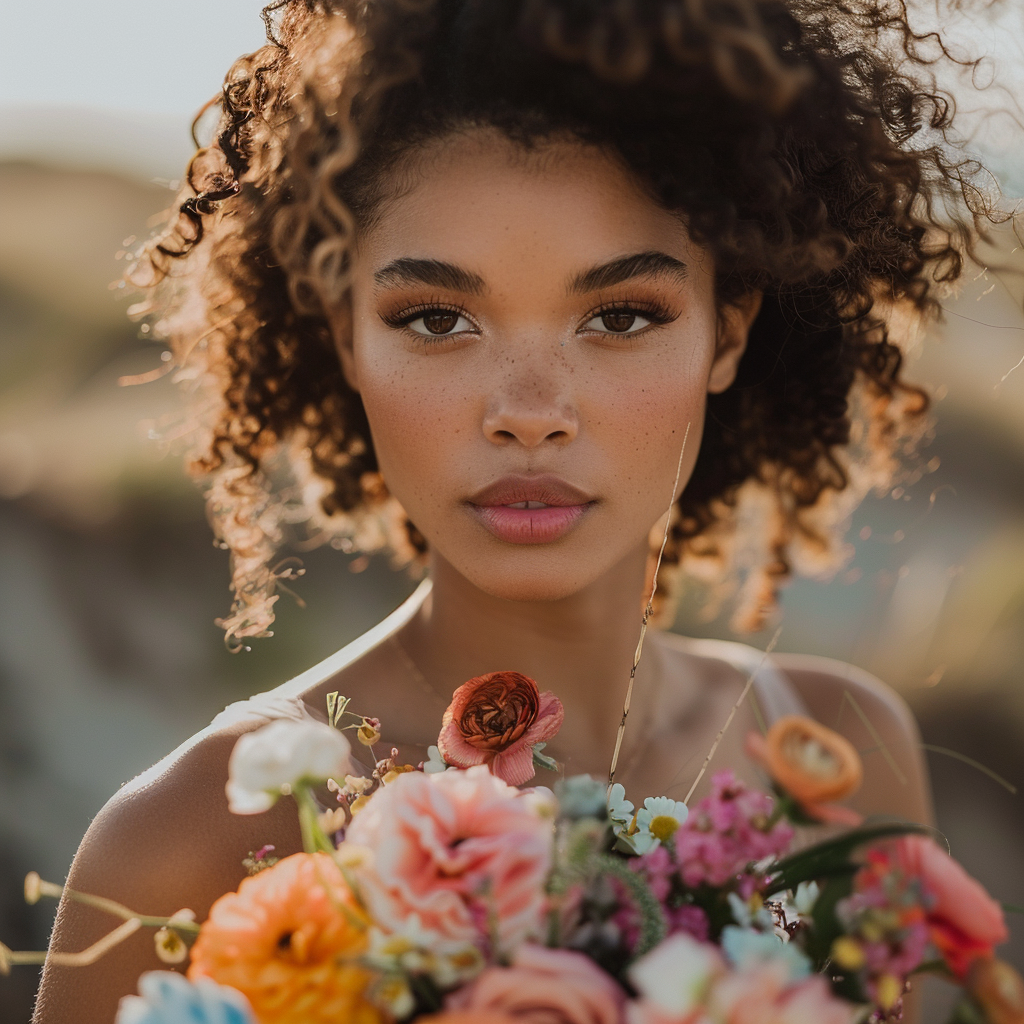 A young woman with curly hair holding a colorful bouquet of flowers, outdoors during golden hour.