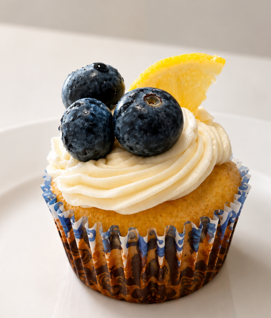 Cupcake topped with white frosting, fresh blueberries, and a lemon wedge on a white plate.