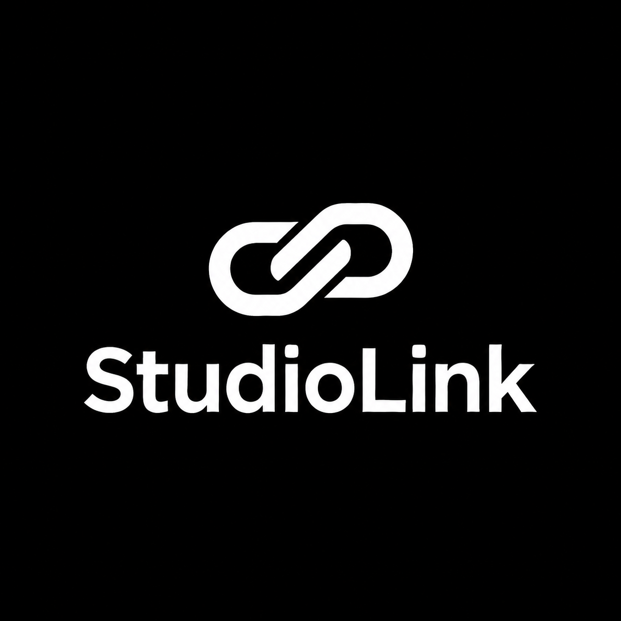 Black background with white logo and text. The logo is a stylized chain link. The text reads 'StudioLink'.
