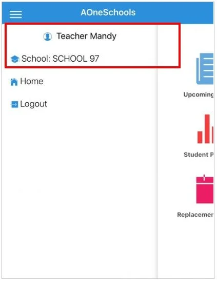 Screenshot of an educational platform dashboard showing the user's name as Teacher Mandy, the school named School 97, with options for Home and Logout.