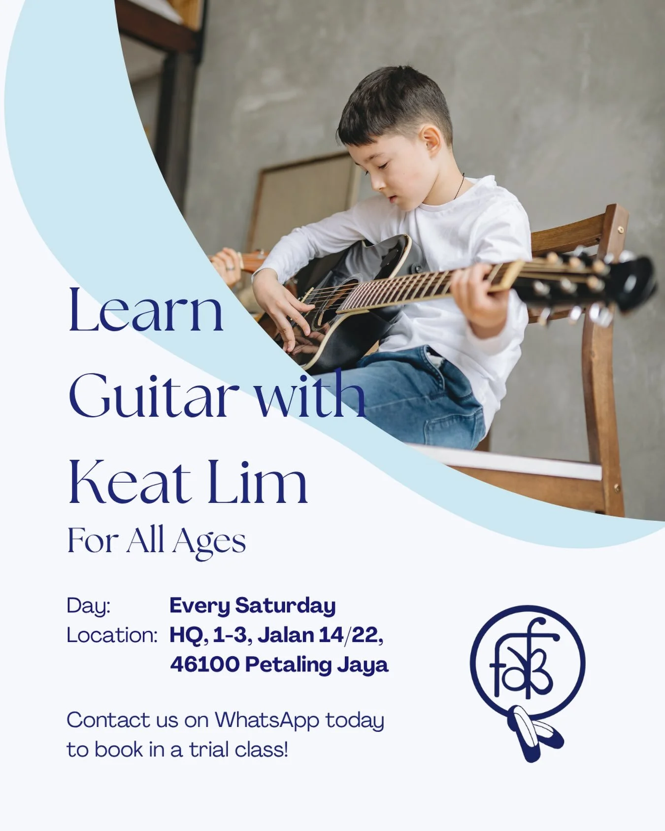 Join us for a Guitar Trial Class at the Federal Academy of Ballet &amp; Centre for Creative Arts and discover the joy of making music with guidance from our teacher Keat Lim! 

📍 HQ Petaling Jaya
🗓️ Every Saturday
🎸 Teacher: Keat Lim

✨ Enquire to