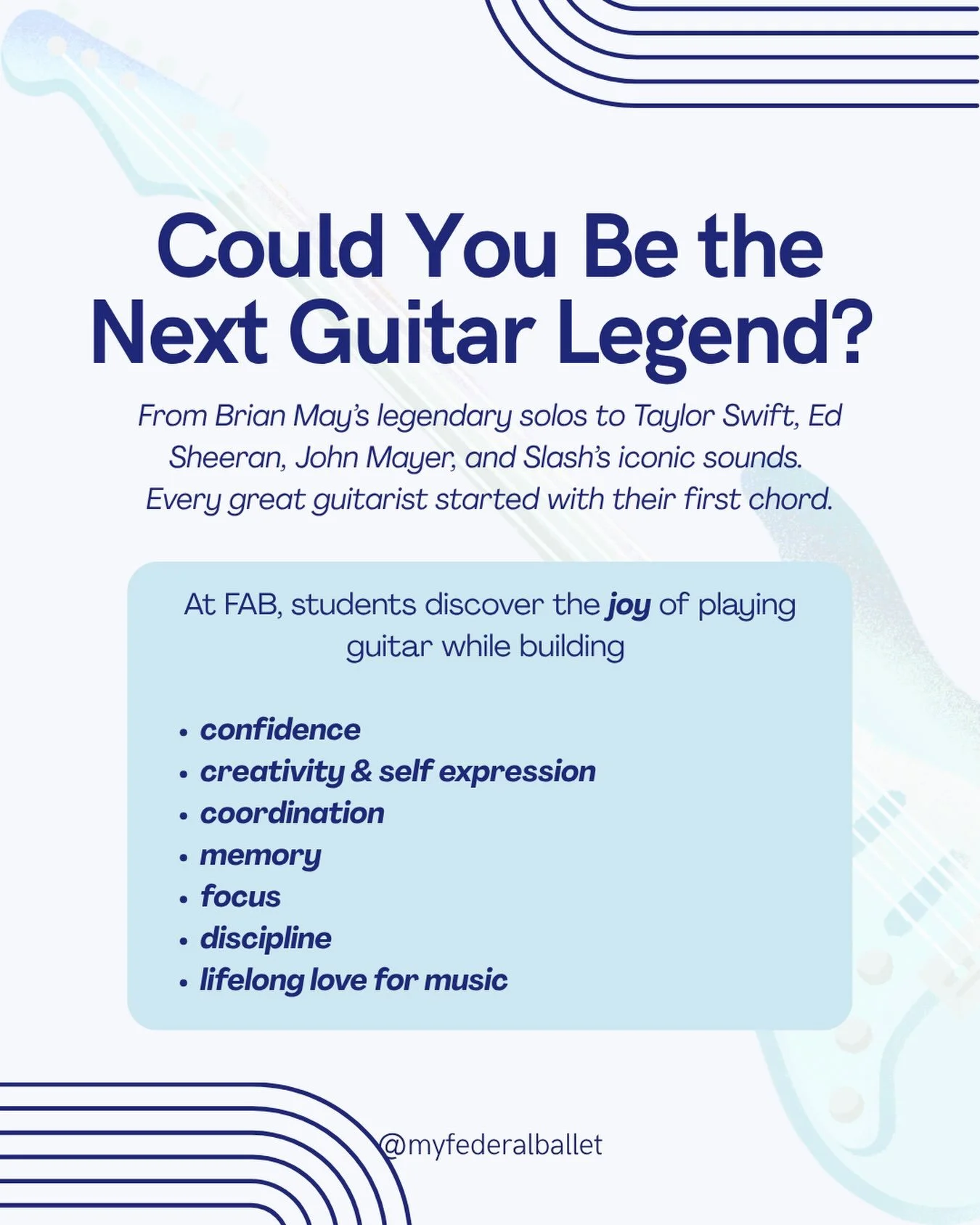 Have you or your child always wanted to learn the guitar?

Whether you dream of playing your favourite songs, mastering iconic guitar solos, or simply picking up a new musical skill, now is the perfect time to start!

Join us for a Guitar Trial Class
