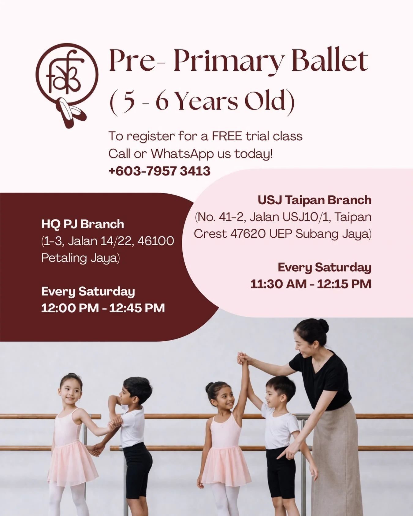 Experience the joy of ballet with our experienced and passionate ballet teachers! 🩰✨

Our Pre-Primary Ballet classes are available at both of our locations:

📍 HQ PJ Branch &ndash; Learn with Ms Chan
📍 USJ Taipan Branch &ndash; Learn with Ms Joyce