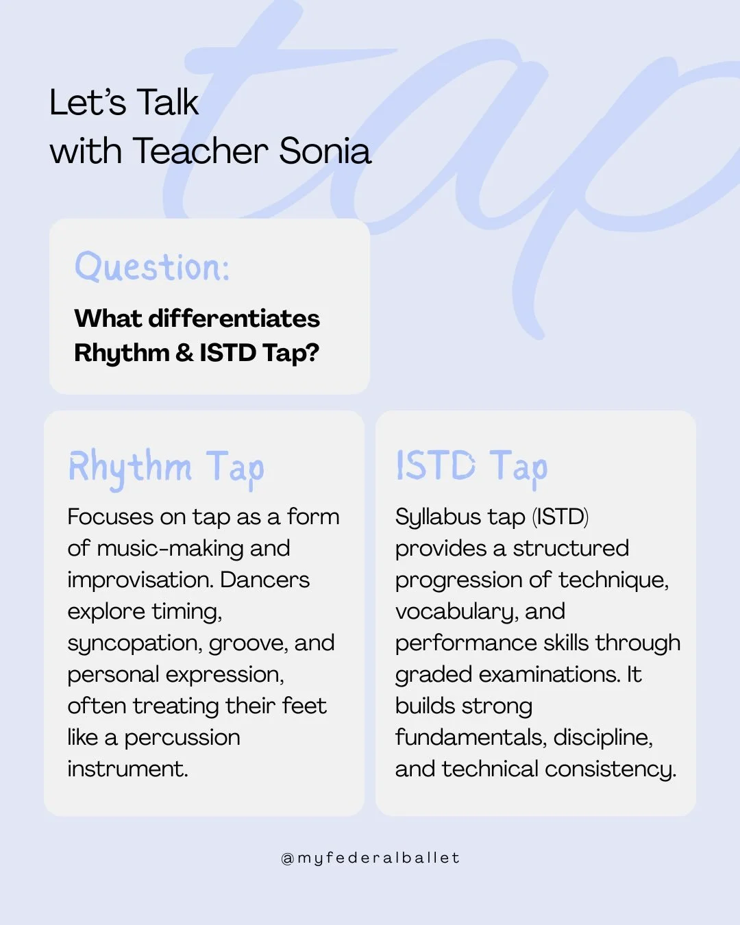 ✨Ms Sonia talks you through the difference between Rhythm &amp; ISTD Tap✨

📍 Federal Academy of Ballet, Centre for Creative Arts HQ Branch (1-3, Jalan 14/22,46100 Petaling Jaya)
📅 Every Saturday 
🕕 12 PM - 1 PM

📩 Contact us via WhatsApp (link in