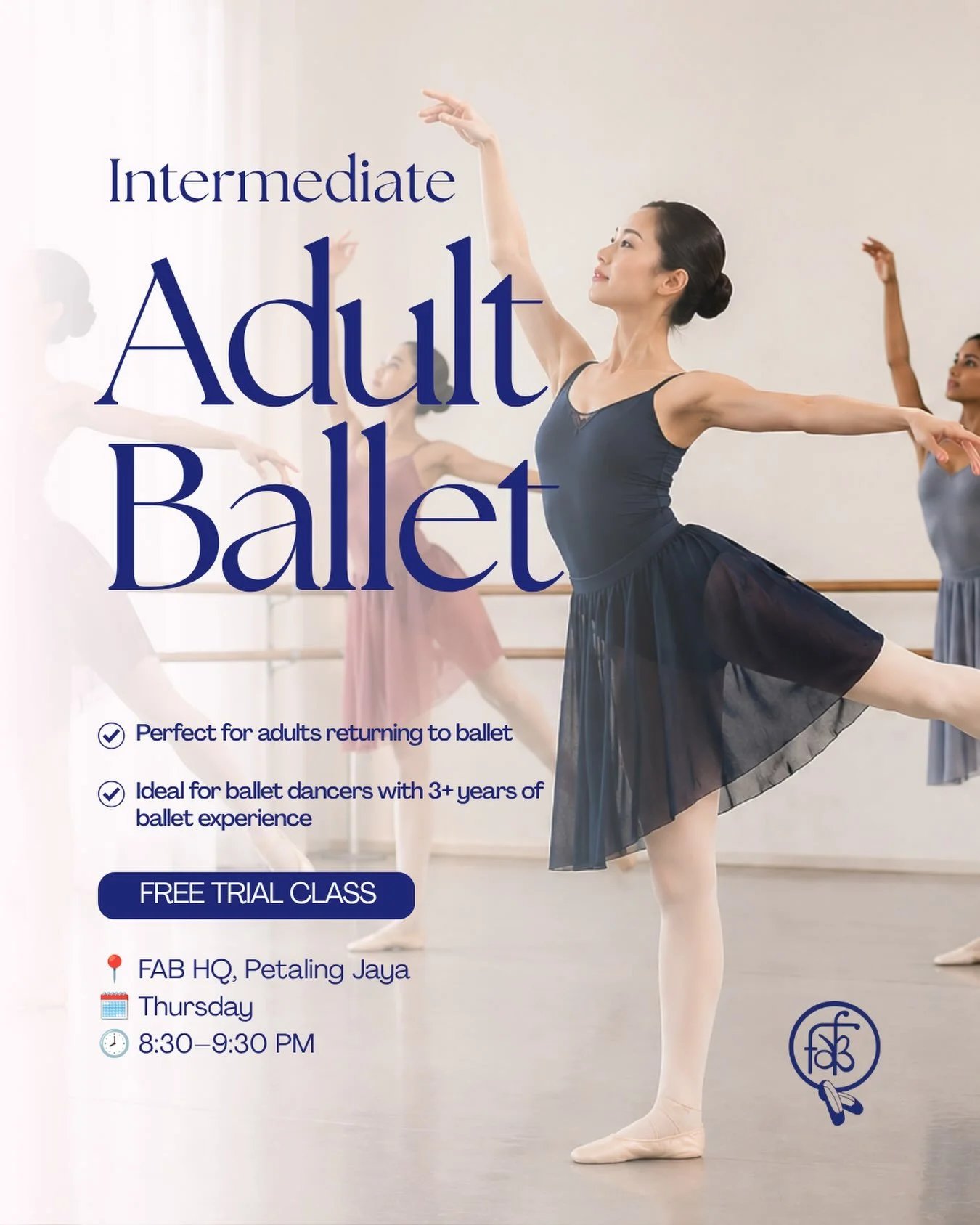 🩰 Adult Intermediate Ballet 🩰

Join our Adult Intermediate Ballet class with Shan every Thursday | 8:30 PM &ndash; 9:30 PM. 

Perfect for adults with previous ballet experience who are looking to refine their technique, build strength, and dance wi
