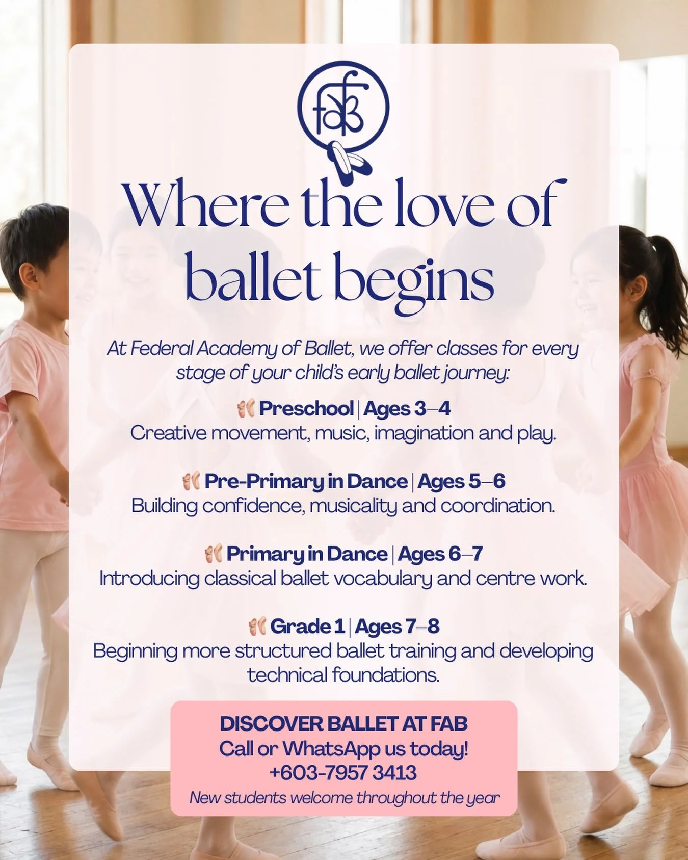 With a proud history dating back to 1967, FAB has been nurturing, inspiring and developing dancers for generations. 

From creative movement for little ones to building strong classical foundations, there&rsquo;s a place for every young dancer to lea