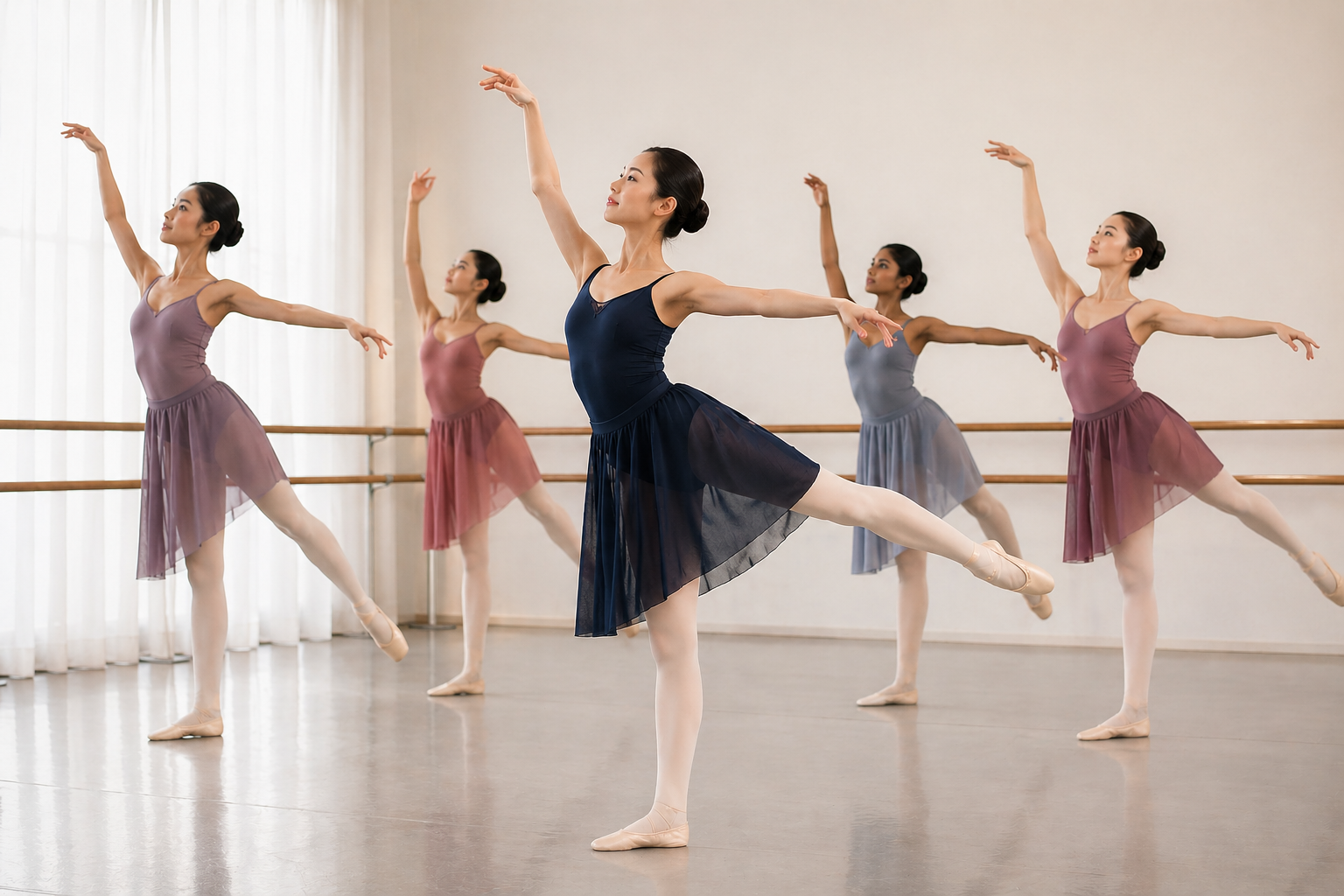 Ballet dancers practicing in a dance studio with large windows and a barre, performing a pose with arms raised and one leg extended.