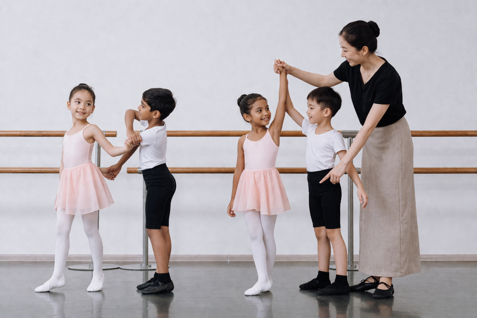 A ballet teacher congratulates her young students after a class, with two girls in pink tutus and a boy and girl in white shirts and black shorts, in a dance studio with a ballet barre.