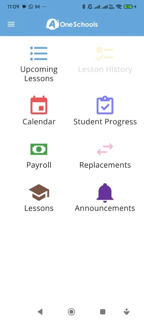 Mobile app showing the One Schools platform with menu options for upcoming lessons, lesson history, calendar, student progress, payroll, replacements, lessons, and announcements.