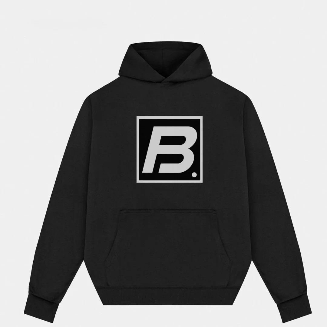 Black hoodie with a gray and black logo in a rectangle on the front, featuring a stylized letter 'B' and a small dot.