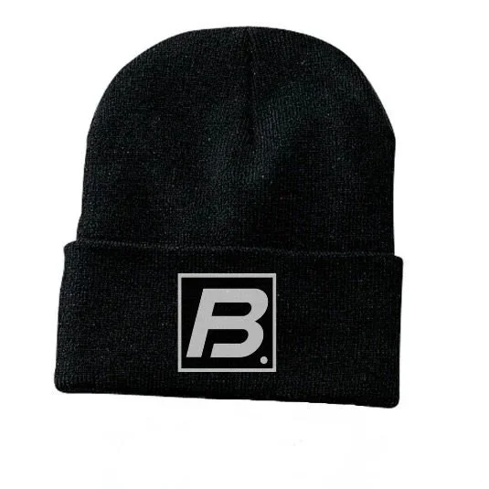 Black beanie hat with a white enclosed square logo and a letter 'B' on the front.