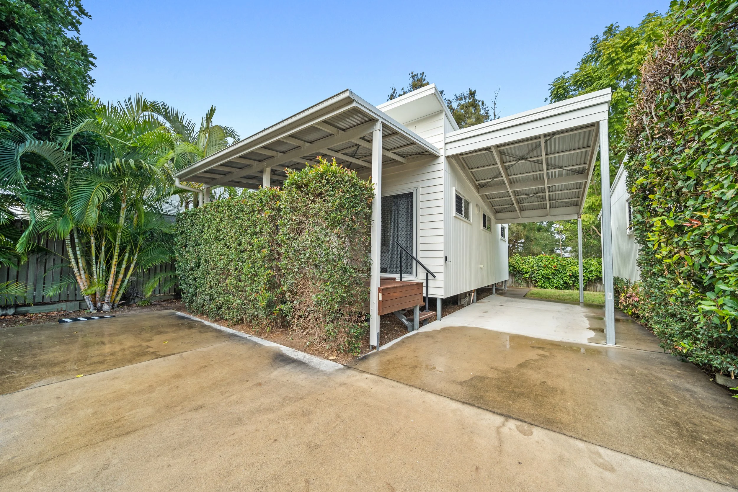 Backyard patio with concrete floor, surrounded by greenery and trees, with a white house featuring a carport or covered area.