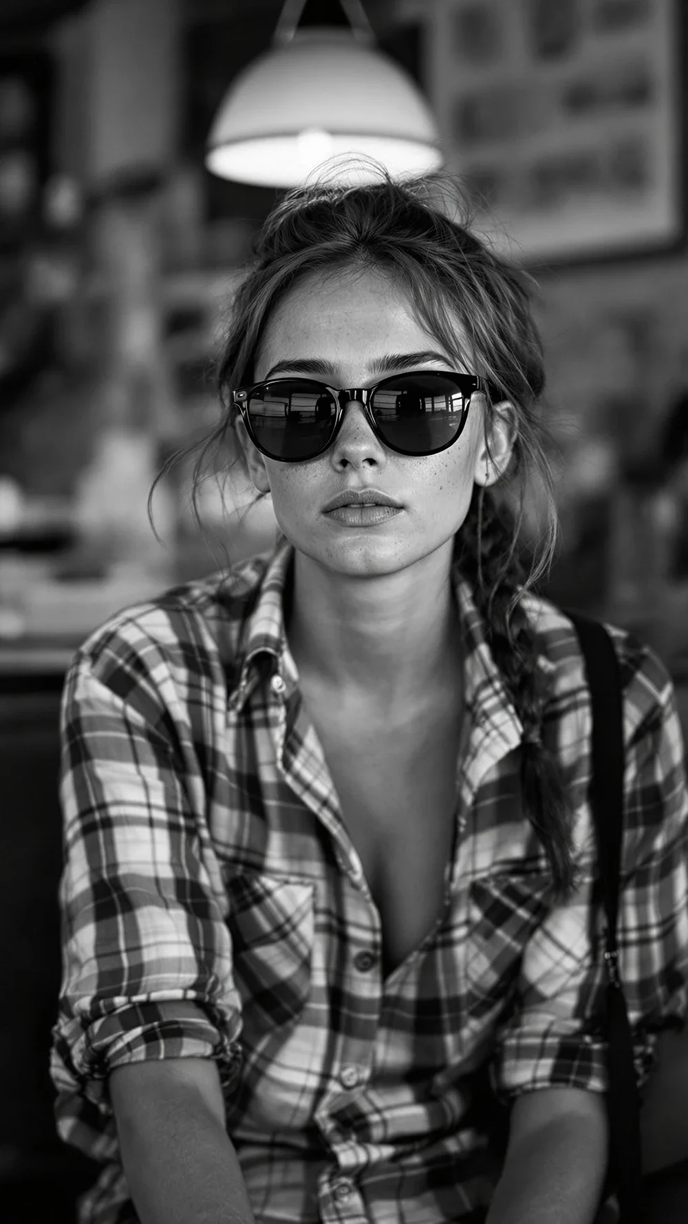 A young woman with sunglasses and freckles, wearing a plaid shirt, sitting indoors in a cafe or restaurant, with a blurry background.