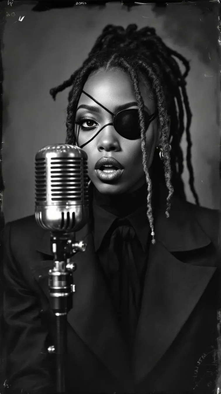 A black and white portrait of a woman with dreadlocks, wearing an eyepatch over her right eye, singing or speaking into a vintage microphone, dressed in a dark blazer and shirt with a bow tie.