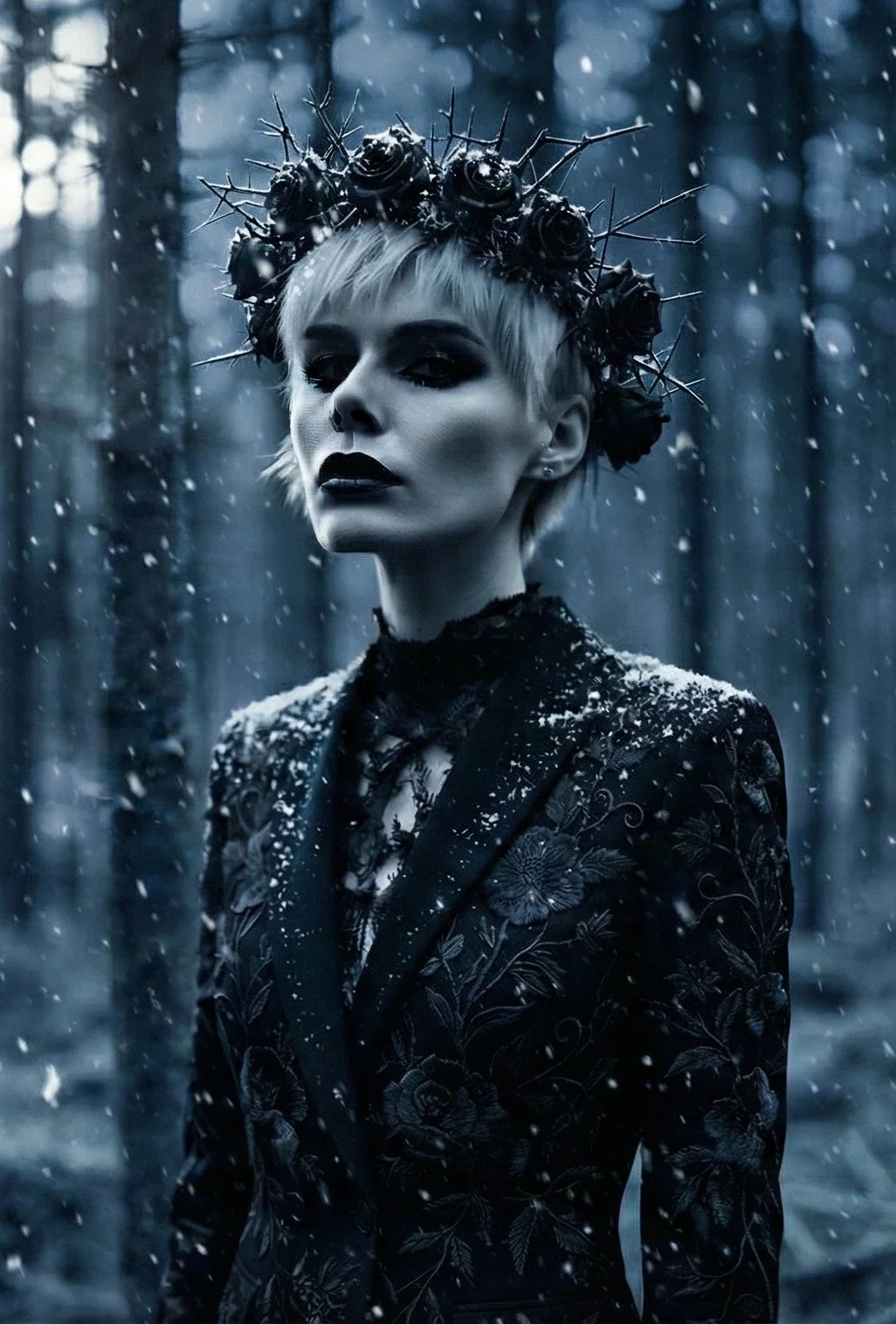 A woman with short, platinum blonde hair and dark makeup, wearing a black floral dress and a crown made of black roses and thorns, standing in a snowy forest.