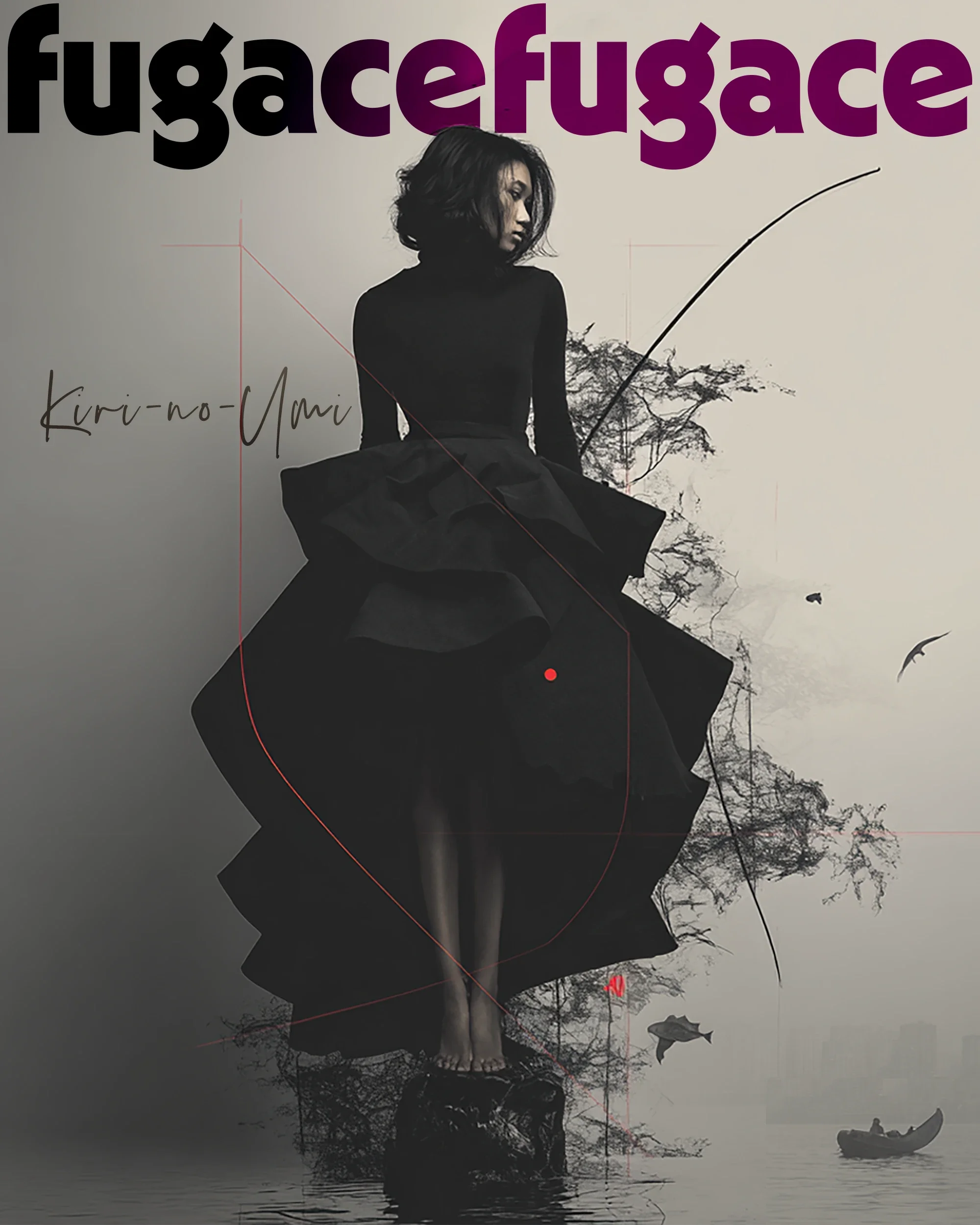 Black and white photo of a woman sitting on a fallen tree near water, with a boat carrying two people in the background, and a cat standing on the ground nearby. The word 'fugace' appears at the top in large purple and black letters, with handwritten text 'Kiri-no-Michi' near the woman's shoulder. There are outlines of trees and a bird in flight depicted around the scene.
