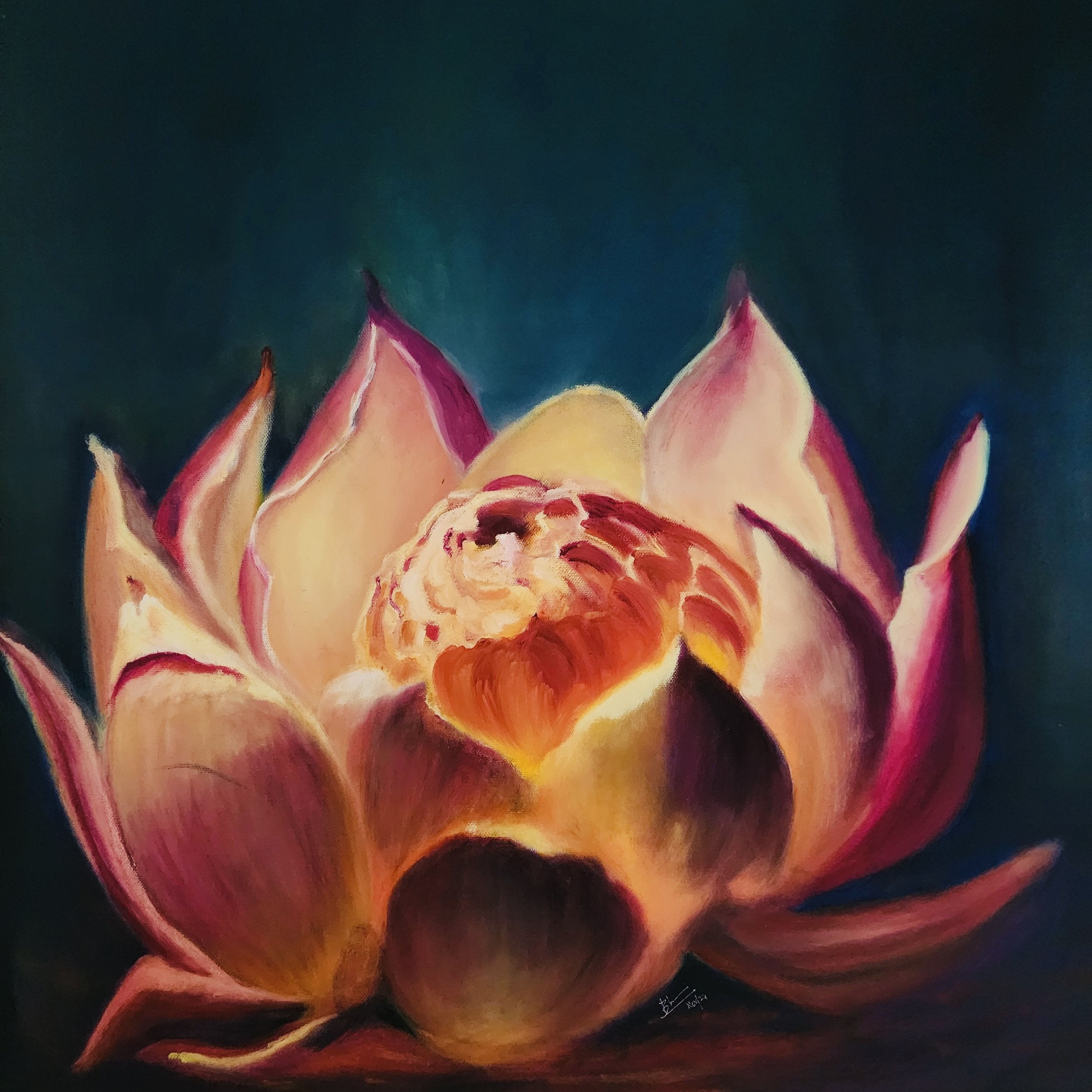 Title: ‘Sahasrara’                                                                                   
Oil on Canvas
Size of Canvas: 24″ x 24″
Body of Work: Karmaphalatyaga