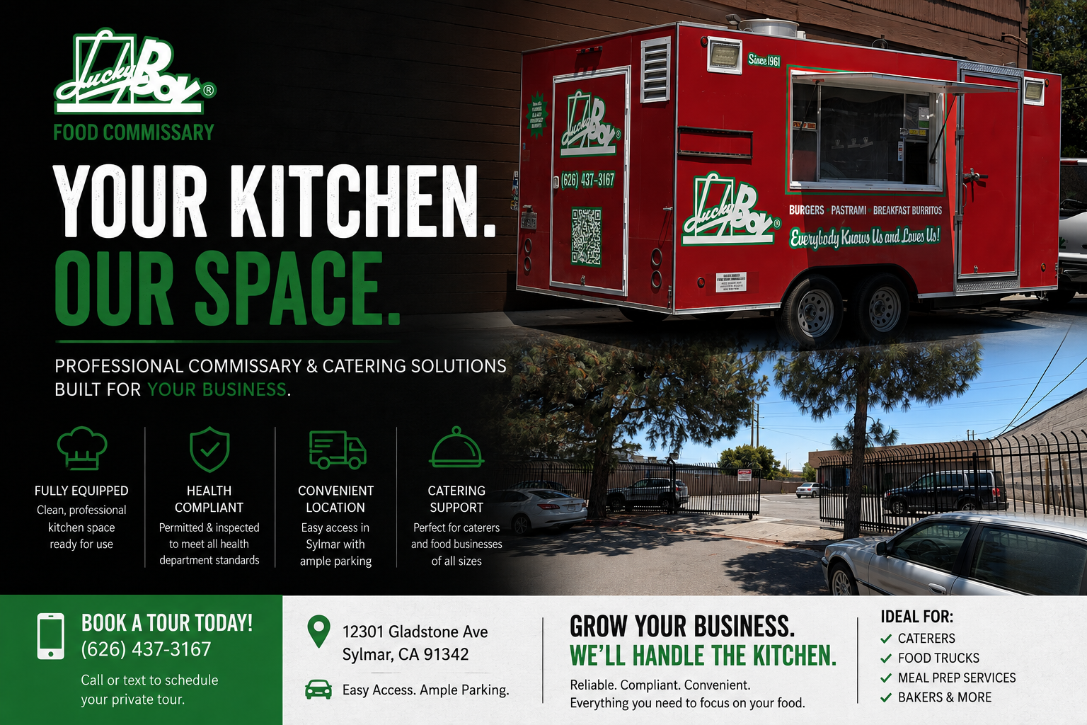 Your Kitchen, Our space. Fully equipped, health compliant, conveniently located, catering support services also available. Grow your business we will handle the kitchen.