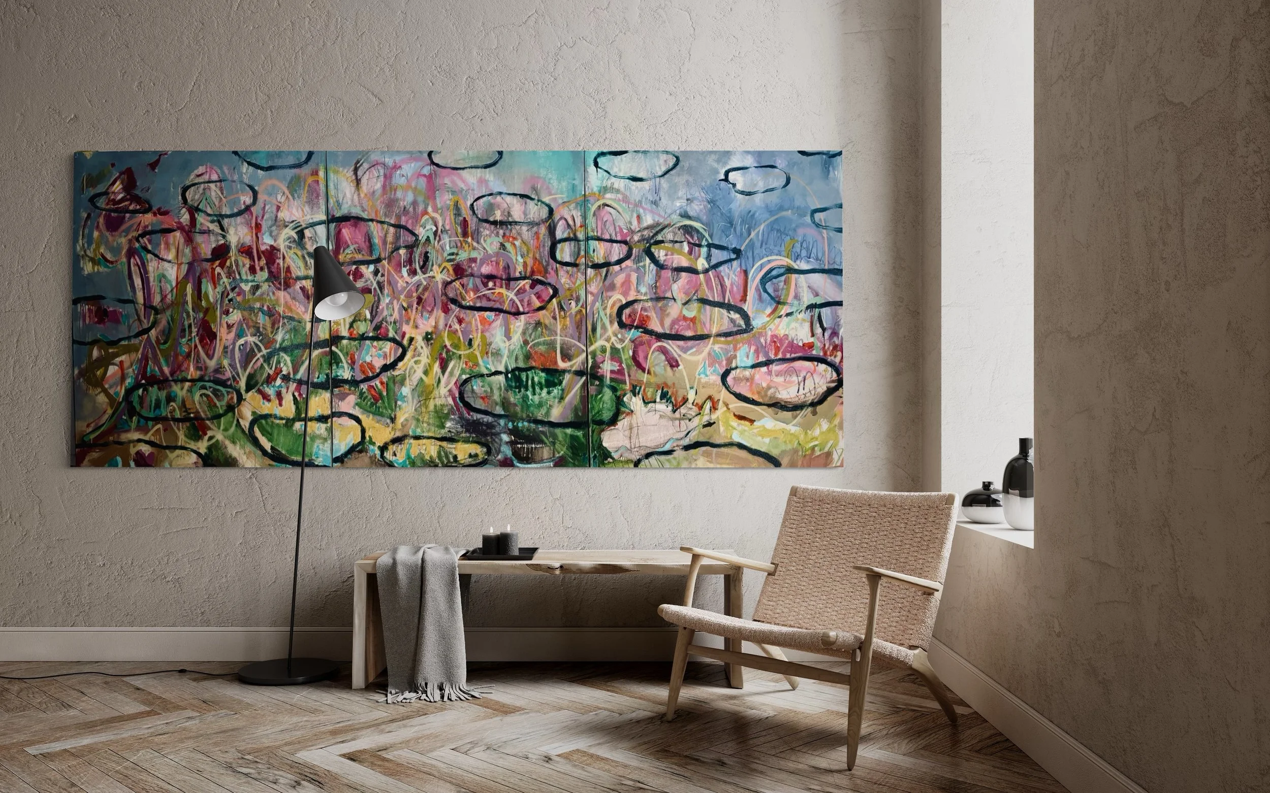 Cycles of Life triptych 369x152Cm (145x60in) Mix media on Canvas. Private Collection Kuala Lumpur