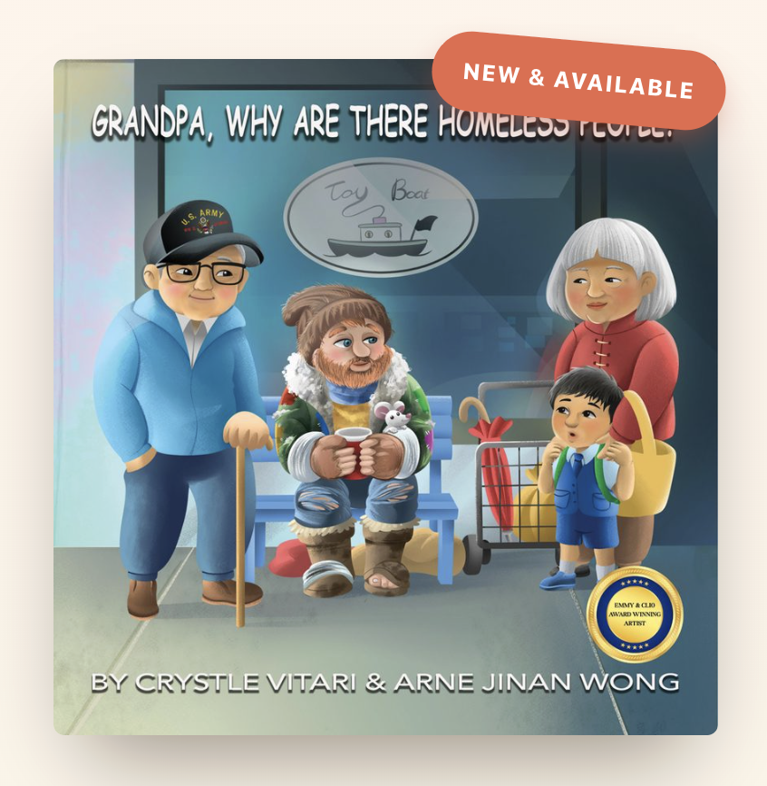 Book cover titled 'Grandpa, Why Are There Homeless People?' depicting a cartoon scene of four characters outside a store: a cheerful homeless man sitting on a bench holding a cup, an elderly woman with a shopping cart, a young boy with a backpack, and a man wearing a U.S. Army cap standing with a walking cane.
