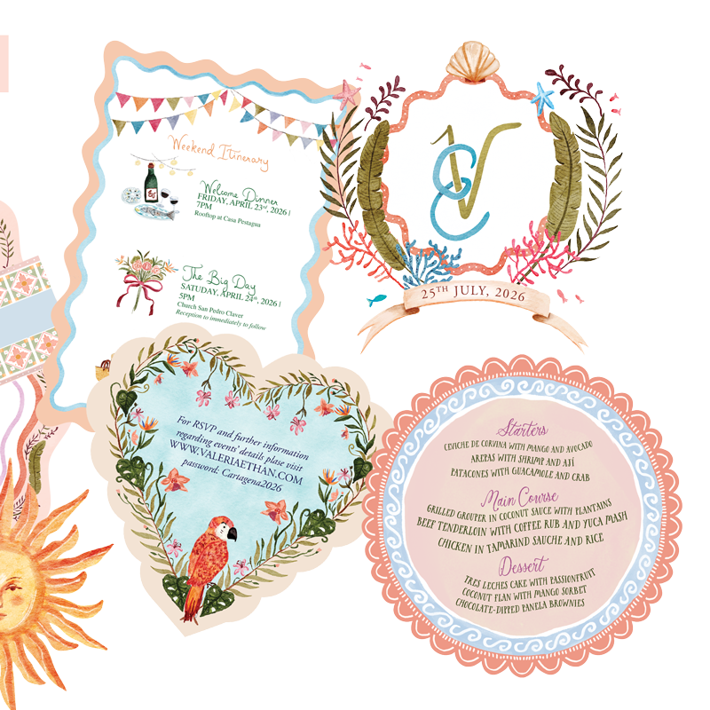 A colorful wedding or event invitation with floral and maritime-themed illustrations, including a shell, coral, and seashell motifs. It features a main event date of July 25, 2026, and details about the weekend itinerary, starter dishes, main courses