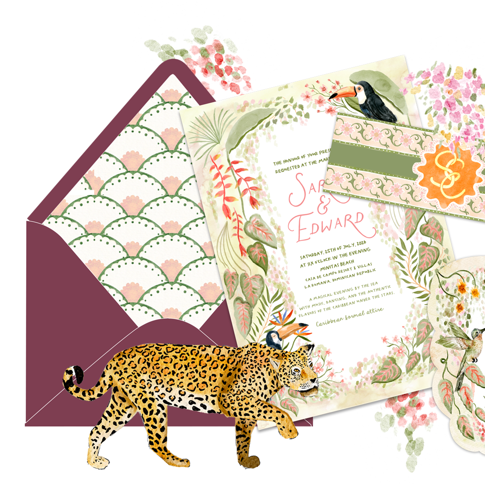A wedding invitation with tropical and jungle-themed illustrations, including a jaguar, toucan, hummingbird, and various flowers, with an envelope featuring a scalloped pattern inside.