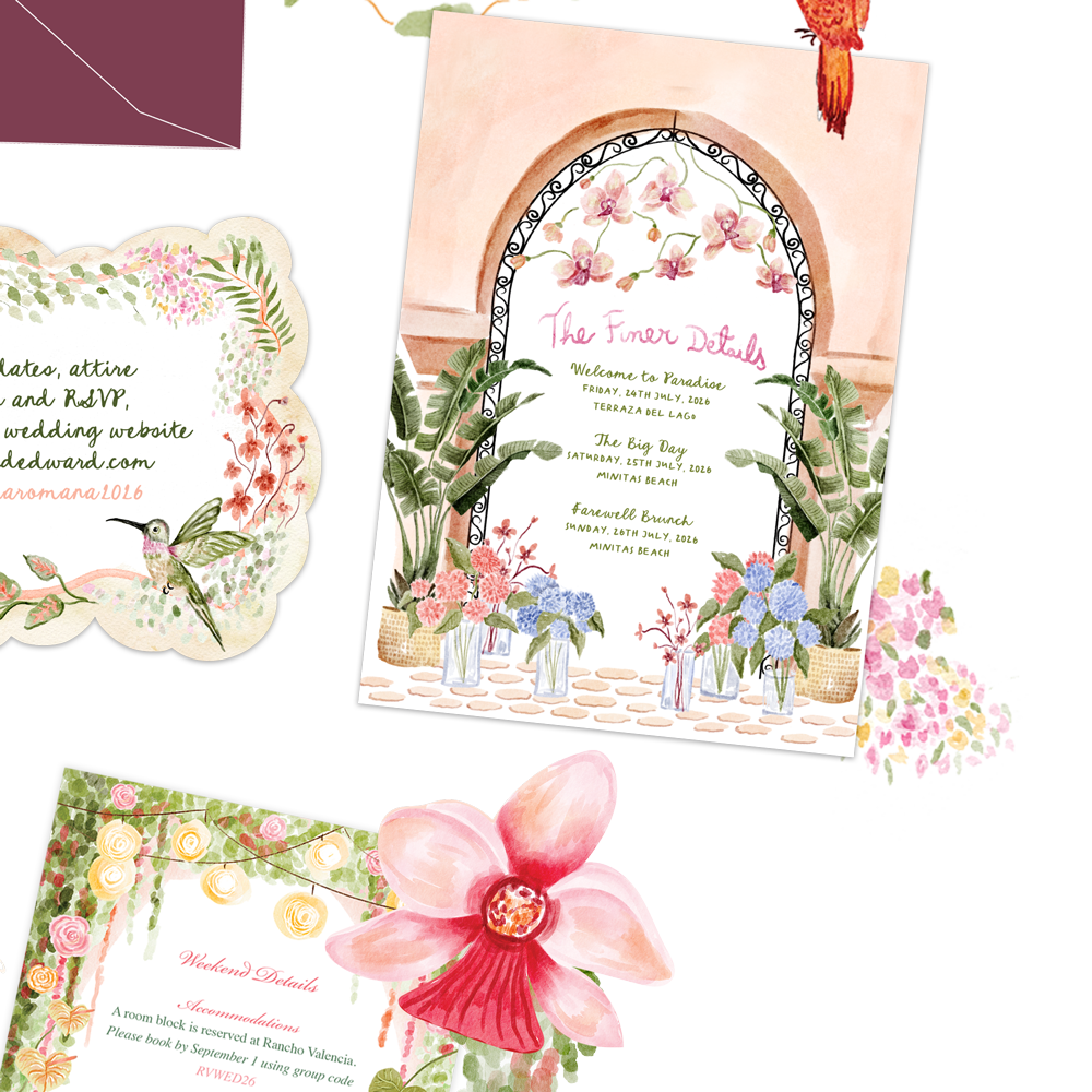 Illustrated wedding or event invitations with floral and botanical designs, including pink orchids, blue hydrangeas, greenery, a hummingbird, and a pink flower, arranged with text for event details.