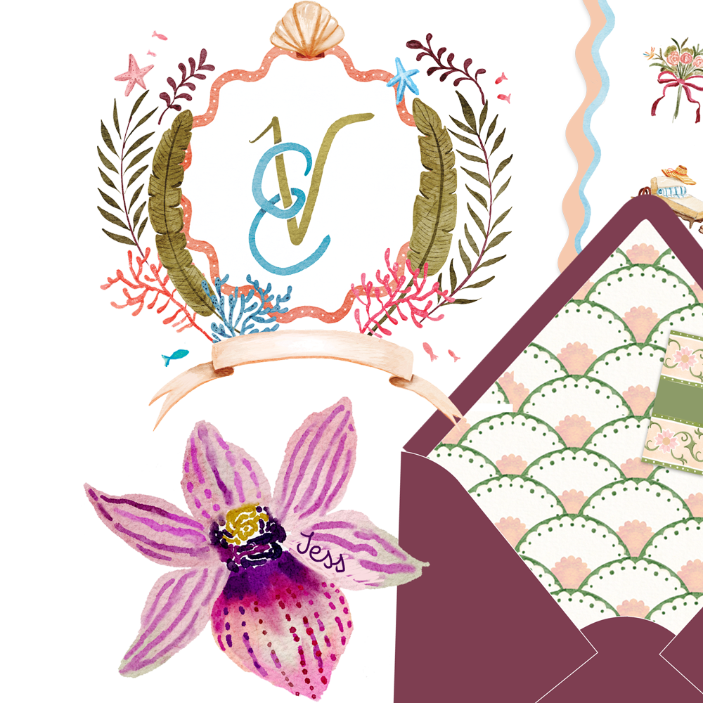 Illustration of floral decorations, botanical elements, an ornamental sign with initials, and patterned gift wraps, with the name 'Jess' written on a flower petal.