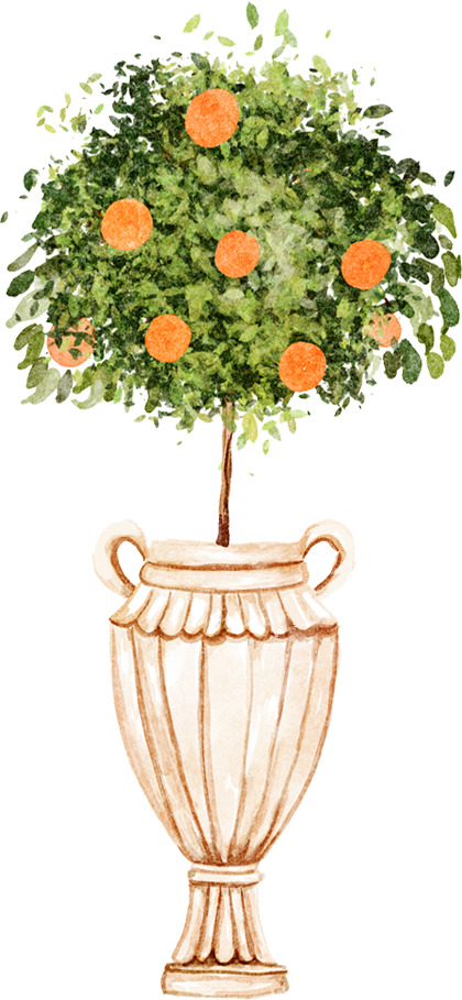 A potted topiary tree with orange spherical ornaments in a decorative urn.