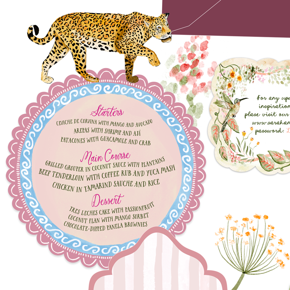 A decorative menu with food items, featuring a leopard walking on top. The menu lists starters, main courses, and desserts, with floral and nature-inspired illustrations surrounding it.