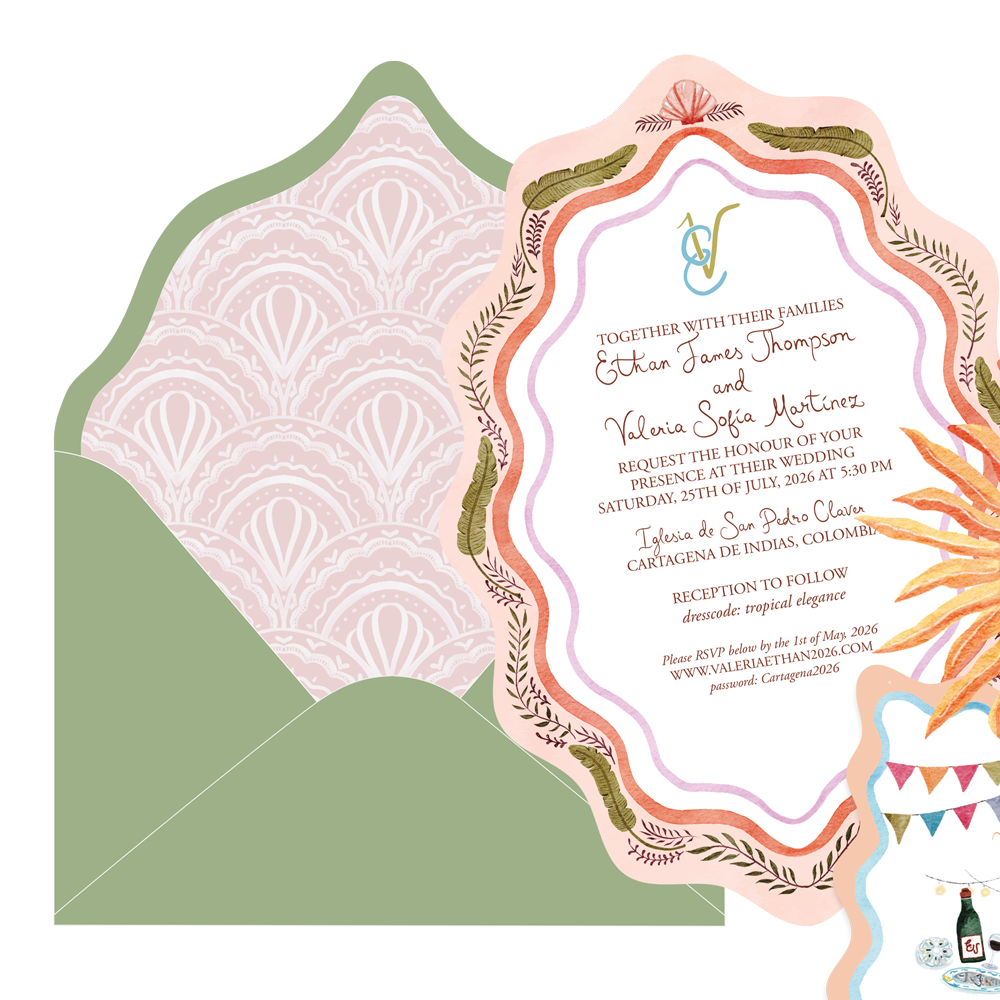 Wedding invitation with floral and leaf motifs, featuring details of the wedding celebration and RSVP information.