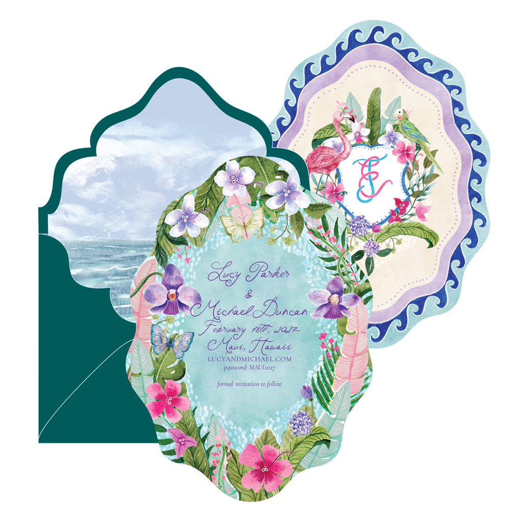 A tropical-themed wedding invitation with floral and animal illustrations, including a flamingo, butterflies, and hibiscus flowers, featuring the names Lucy Parker and Michael Duncan, date February 18th, 2022, in Maui, Hawaii, with an envelope and de
