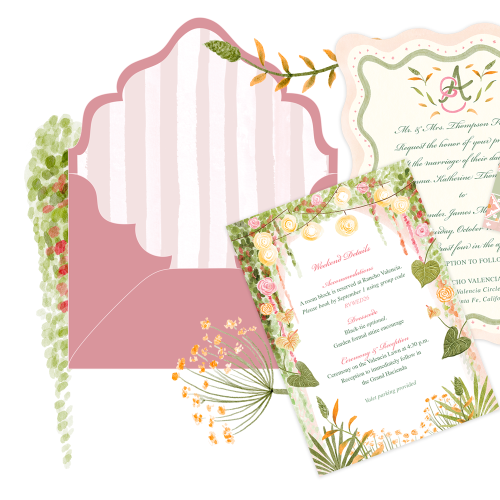 Invitation suite with floral and botanical designs, featuring an envelope, RSVP card, and event details for a wedding, decorated with roses, leaves, and fairy lights in pastel colors.