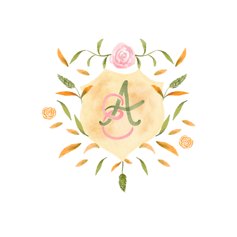 A watercolor floral emblem with a large 'A' in the center, surrounded by pink roses, orange flowers, and green leaves.